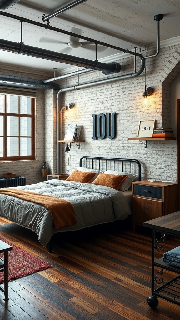 An industrial style bedroom with exposed pipes, brick walls, and wooden flooring, featuring a cozy bed and stylish decor.