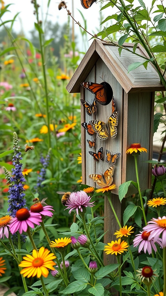 Insect hotel surrounded by colorful flowers and butterflies in a garden.
