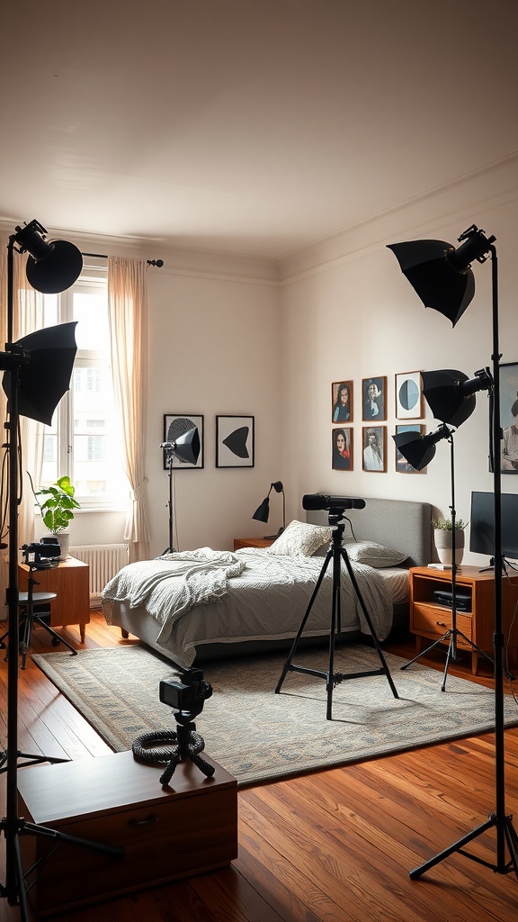 A photography studio space in a bedroom, featuring soft lighting, a bed, and equipment set up for shooting.