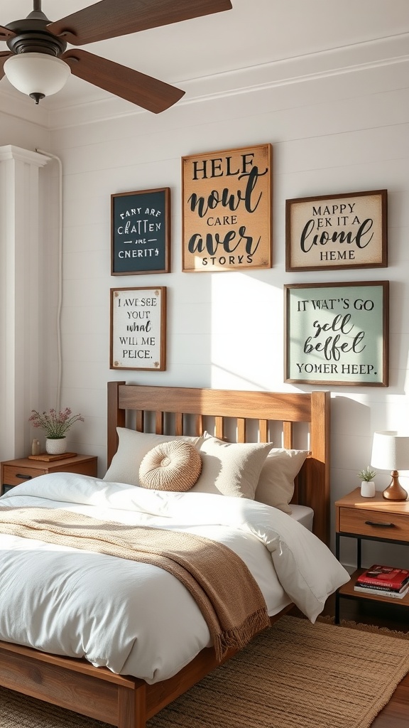 A cozy farmhouse chic bedroom featuring a wooden bed, soft bedding, and a wall adorned with inspirational quotes.
