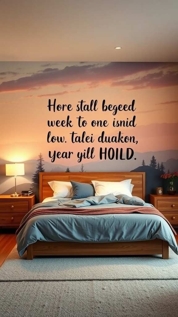 A bedroom featuring a wall mural of a sunset over mountains with trees, creating a serene atmosphere.
