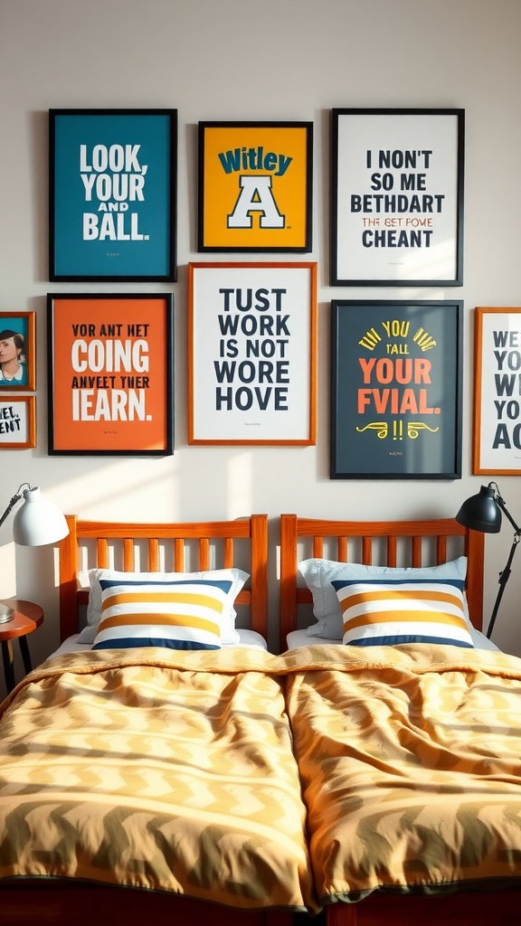 A Twin Boys Bedroom featuring motivational quotes on the wall and cozy beds.