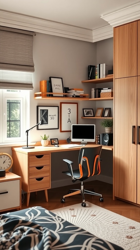 A cozy study corner with a wooden desk, comfortable chair, and bookshelves filled with various books.