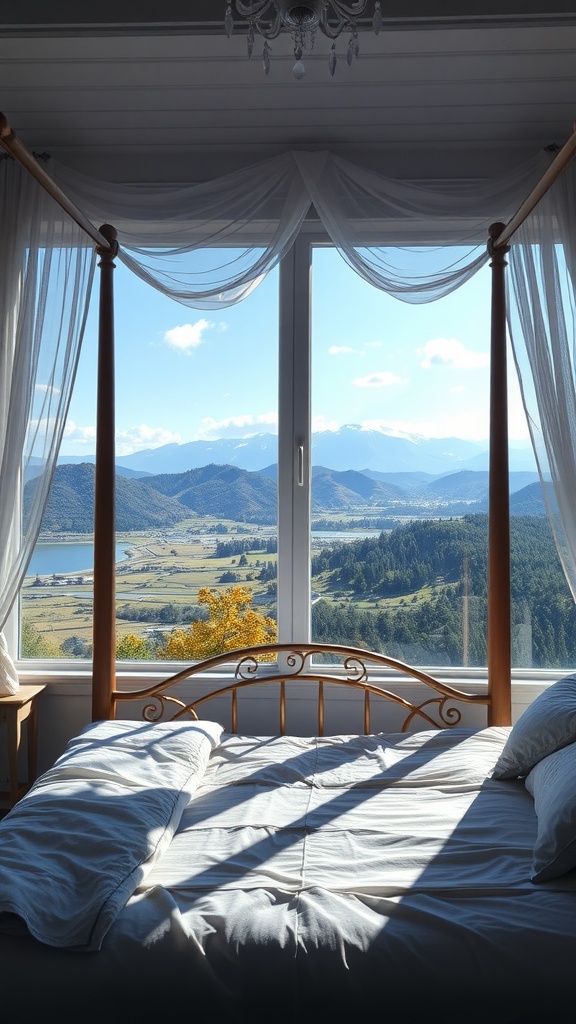 A serene boho bedroom featuring a canopy bed with large windows showcasing a mountain view.