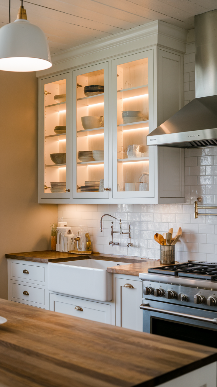 A kitchen with beautifully lit cabinets showcasing dishes and glassware.