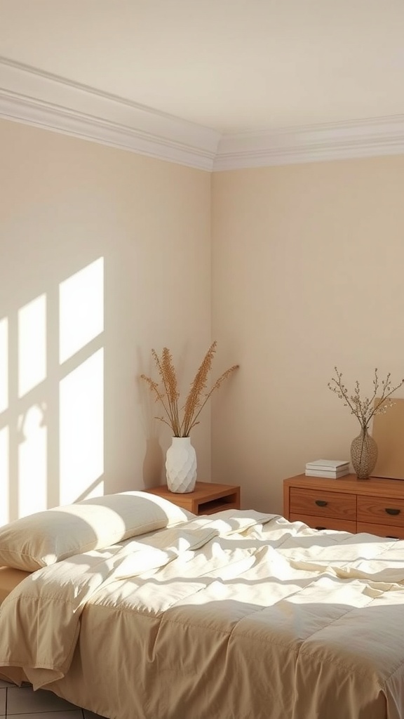 A beige bedroom with natural light streaming through a window, highlighting a bed and wooden furniture.