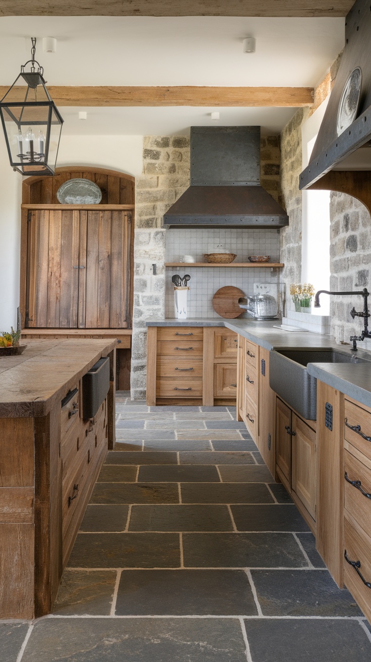 A farmhouse kitchen featuring rustic stone tile flooring, wooden cabinets, and a modern countertop.