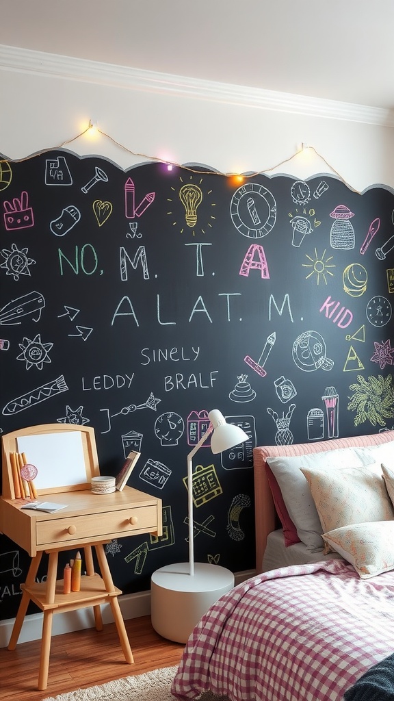 A colorful chalkboard wall in a girl's bedroom filled with drawings and notes, surrounded by a cozy room setup.