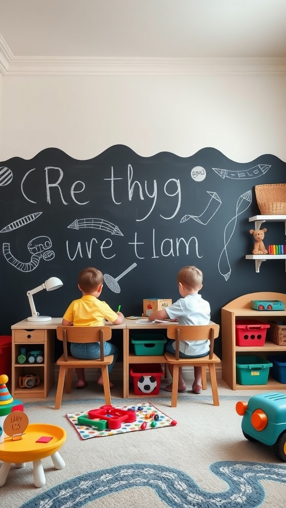 A colorful twin boys bedroom featuring two children at a desk, a chalkboard wall for creativity, and various toys scattered around.