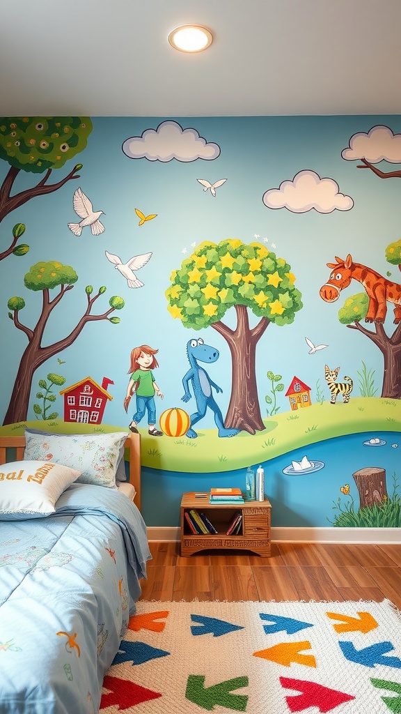 A colorful mural in a boy's bedroom featuring a girl and a blue character, surrounded by trees, animals, and a playful landscape.