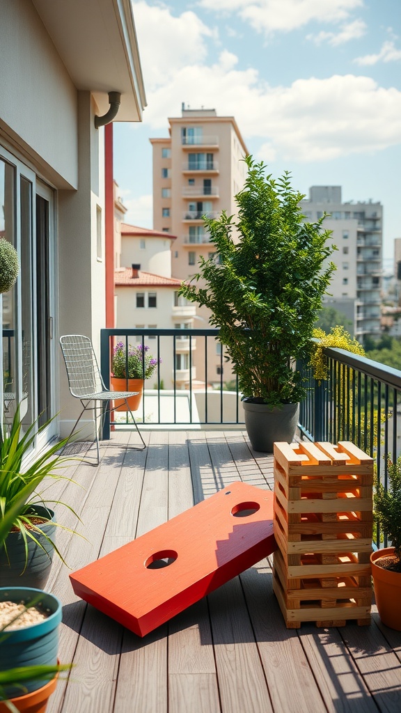 A cozy balcony featuring a red cornhole board, wooden crates, and potted plants.