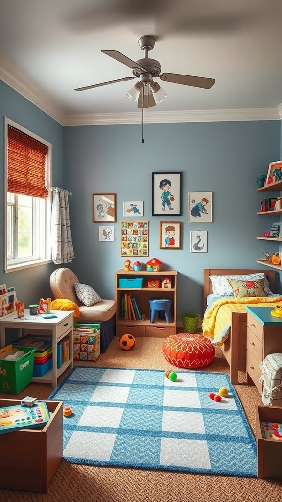 A bright and cozy bedroom for twin boys, featuring a play area with toys, a comfortable reading nook, and cheerful decor.