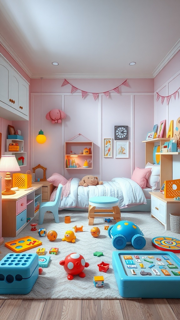 A vibrant girl's bedroom filled with toys and playful decor