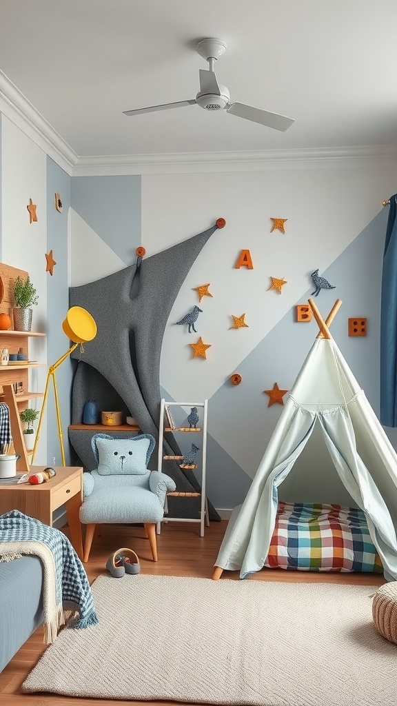 A playful boys bedroom featuring a tent, colorful decorations, and a cozy chair