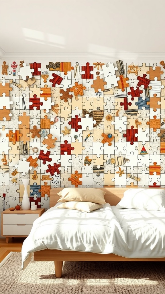 A bedroom with an interactive puzzle wall featuring colorful interlocking pieces, adding a playful touch to the room.