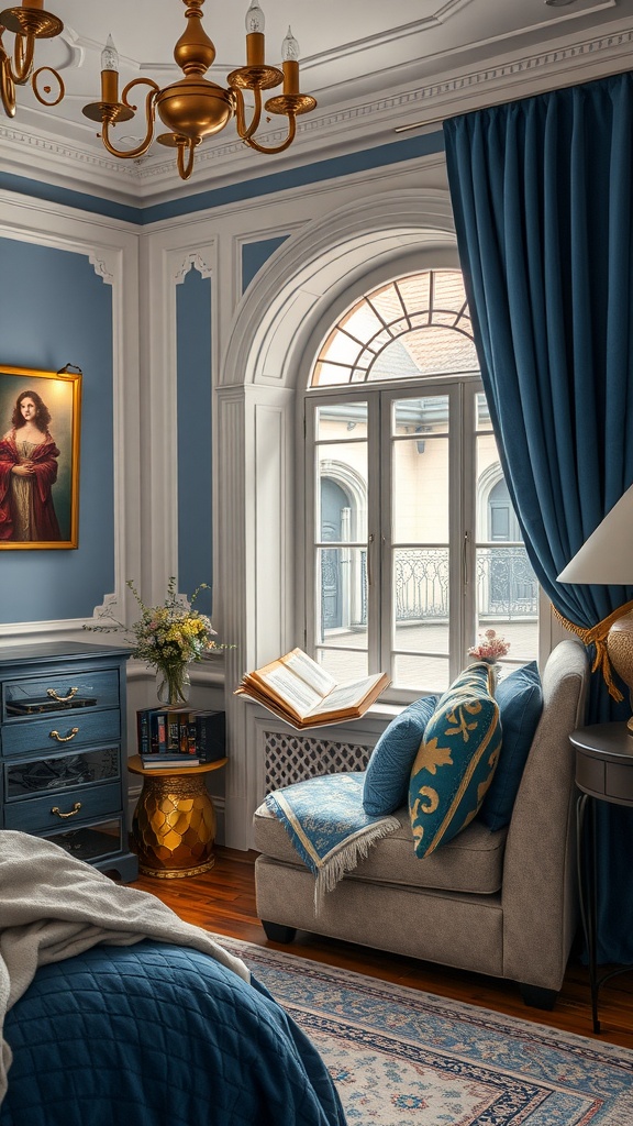 Cozy reading nook in a gold and blue bedroom with an armchair, window, and decorative pillows.