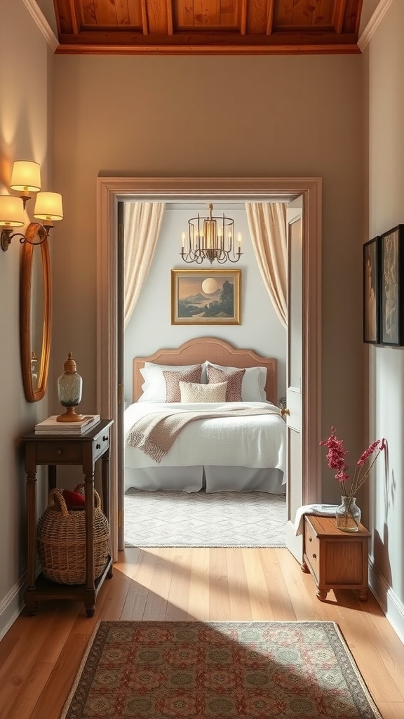 A cozy entrance leading to a modern farmhouse bedroom, featuring warm lighting, wooden ceiling, and decorative elements.