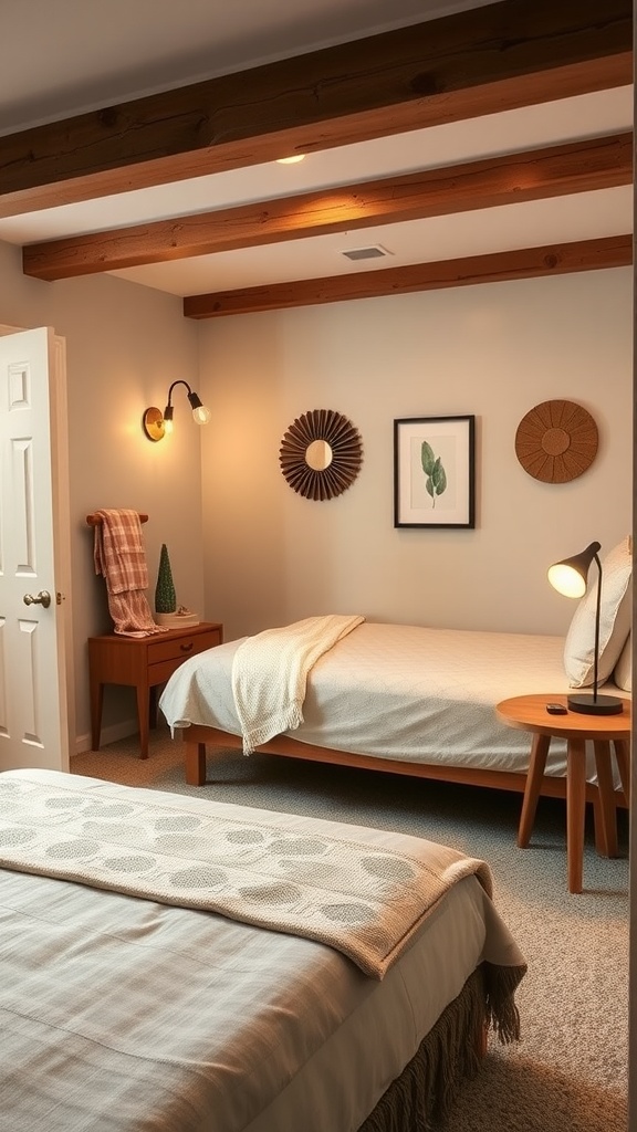 Cozy farmhouse basement bedroom with two beds and warm decor