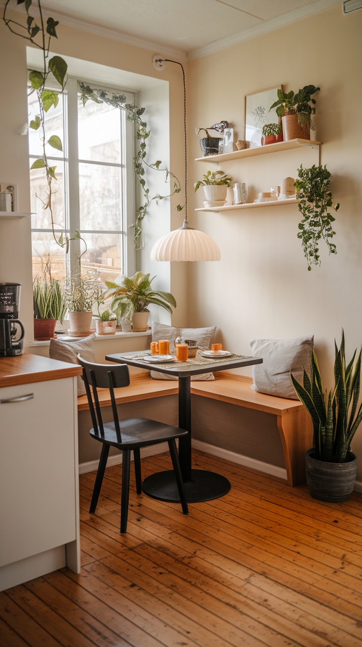 A cozy kitchen nook with warm wood flooring, a small table set for breakfast, and plants in the window.