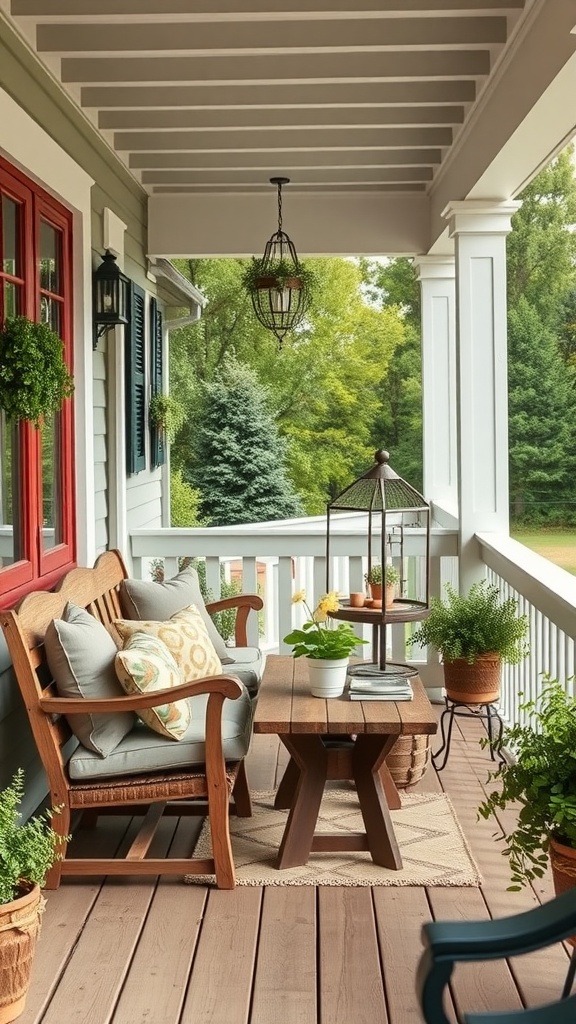 A cozy farmhouse balcony with wooden seating, cushions, and plants