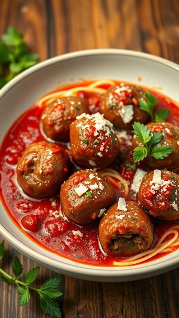 A bowl of Italian-style beef meatballs in marinara sauce served over spaghetti.