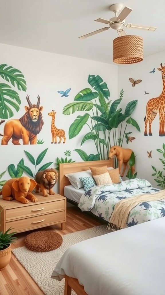 A boys bedroom designed with a jungle safari theme featuring animal murals and wooden furniture.