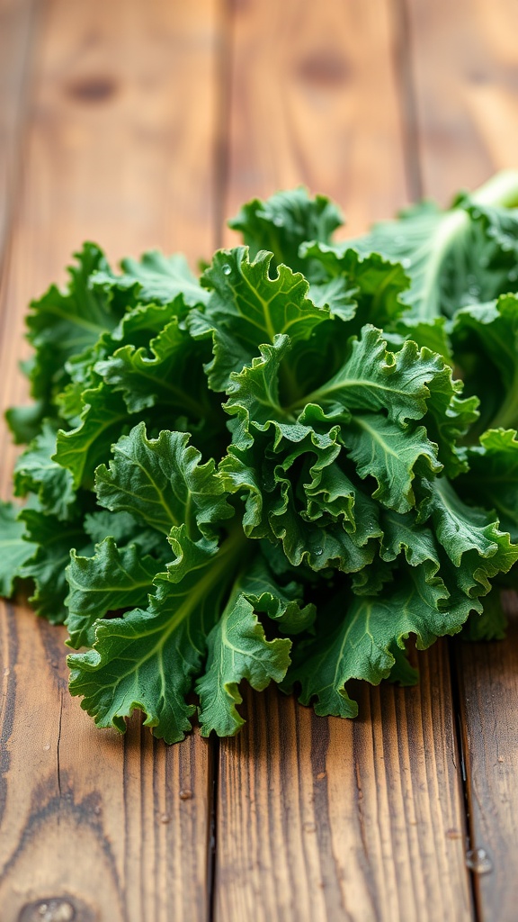 A fresh bunch of kale on a wooden surface.