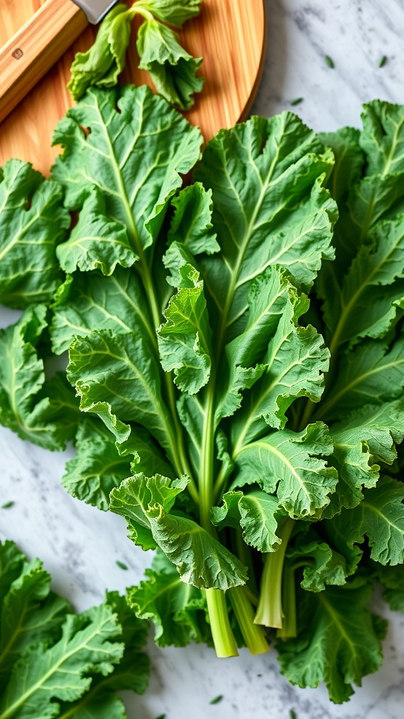 Fresh kale leaves on a wooden cutting board with a knife.