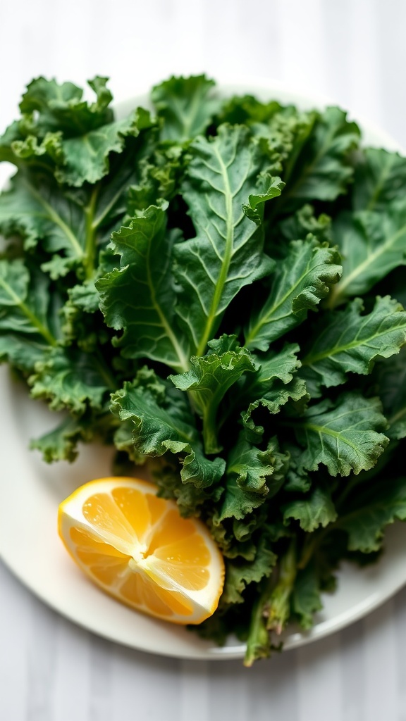 A plate of fresh kale leaves with a slice of lemon.