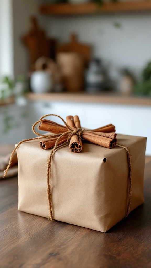 A beautifully wrapped gift in kraft paper with cinnamon sticks tied on top with twine