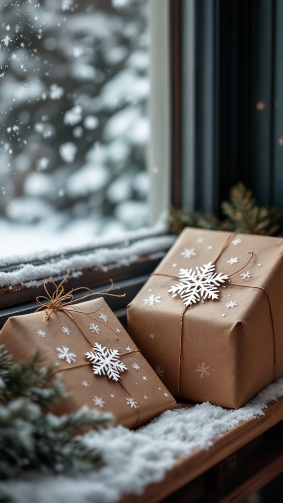 Two wrapped gifts in kraft paper with snowflake cutouts, placed on a snowy windowsill.