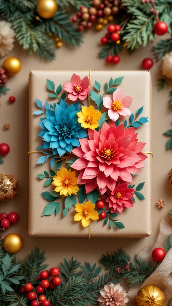 A gift wrapped in kraft paper with colorful paper flowers and greenery around it.