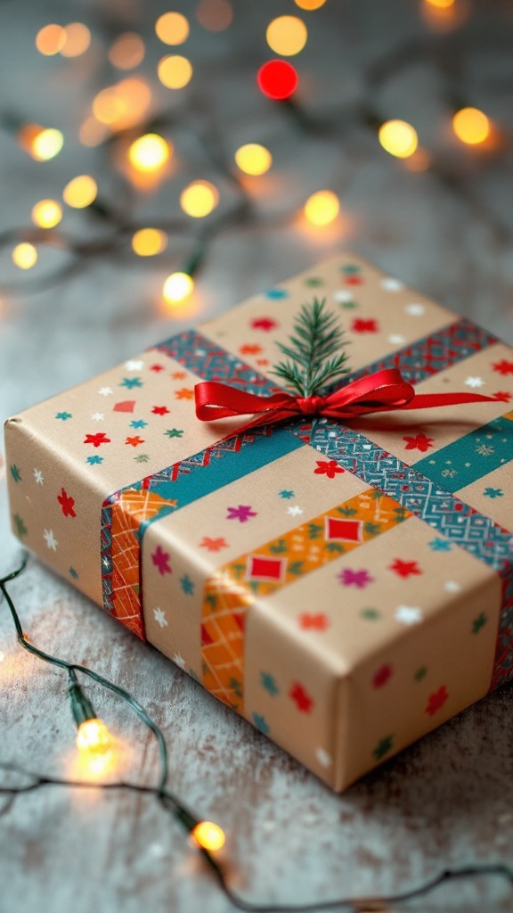 A beautifully wrapped gift in kraft paper adorned with colorful washi tape and a red ribbon, surrounded by glowing lights.