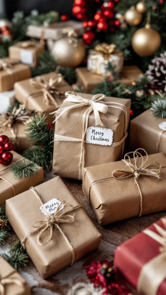 A collection of beautifully wrapped gifts in kraft paper with handwritten labels, surrounded by festive decorations.