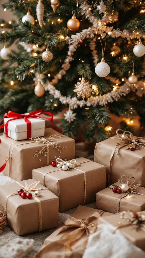 Beautifully wrapped gifts in kraft paper with decorative ornaments and ribbons under a Christmas tree.