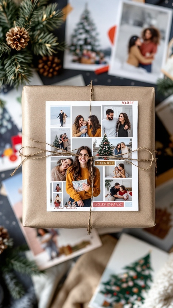 A beautifully wrapped gift in kraft paper with a photo collage attached, surrounded by holiday decorations.