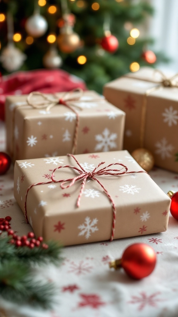 Presents wrapped in kraft paper with snowflake stenciled patterns, surrounded by holiday decorations.