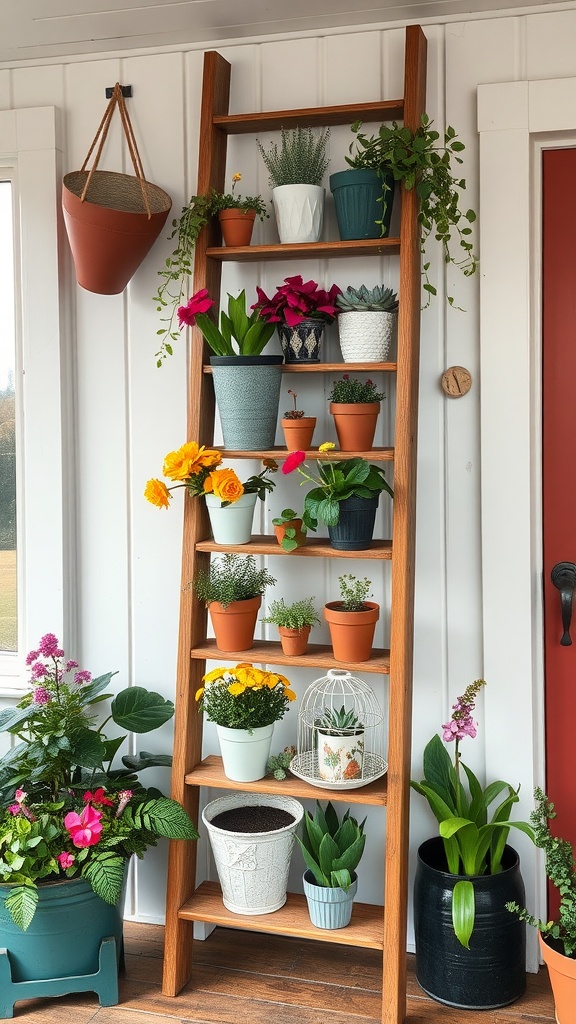 A wooden ladder shelf filled with various planter pots and plants.