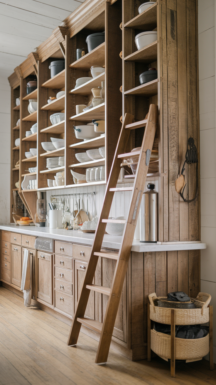 A kitchen featuring ladder style cabinetry with wooden shelves and a wooden ladder.