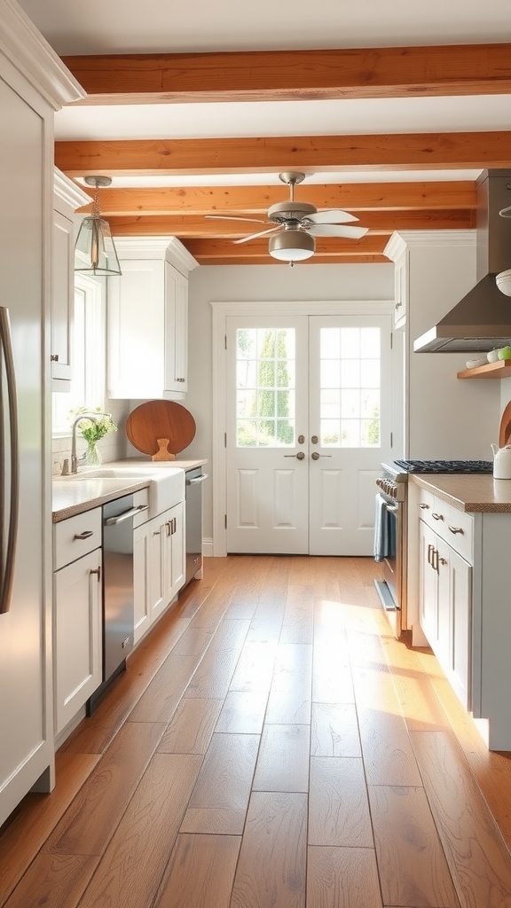 A bright farmhouse kitchen with laminate flooring and white cabinets.