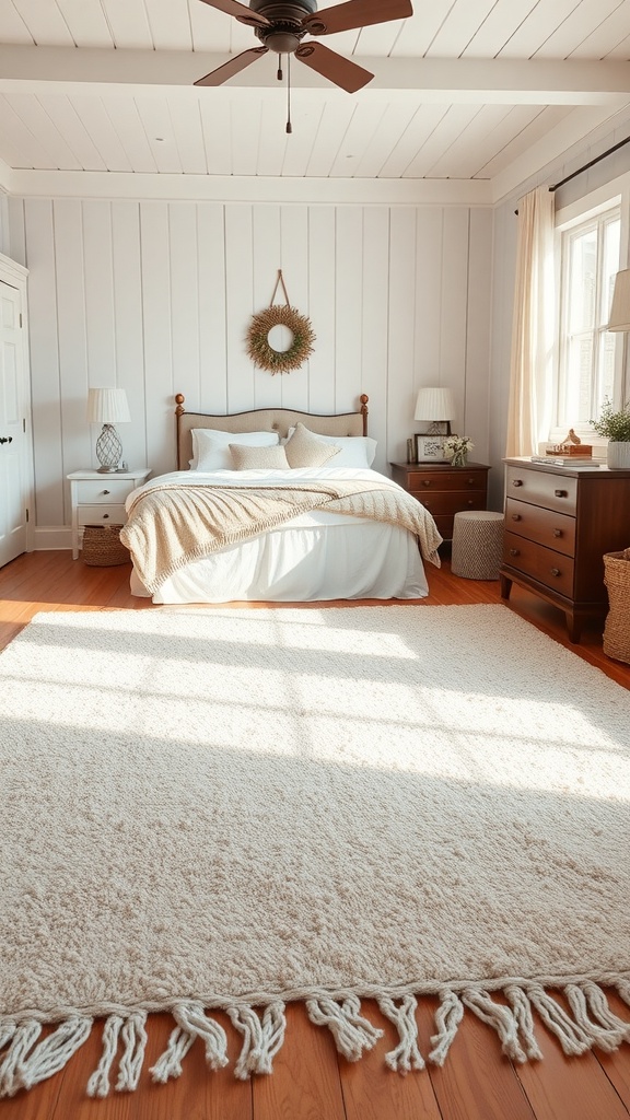 A spacious bedroom featuring a large cream area rug, complementing the black and cream farmhouse decor.