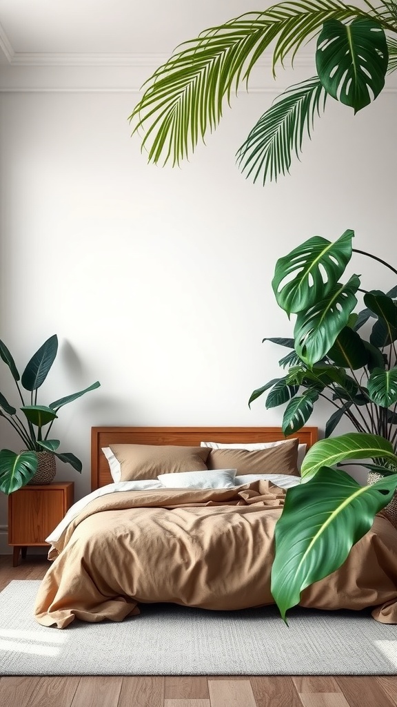 A cozy bedroom featuring large leaf plants, a wooden bed frame, and earthy bedding
