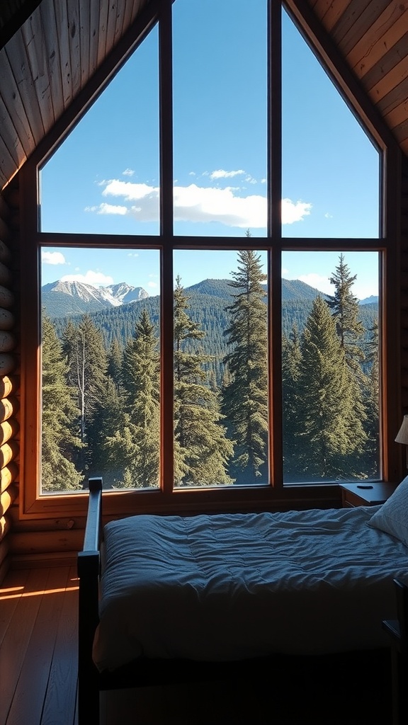 Rustic cabin bedroom with large windows showcasing a scenic mountain view.