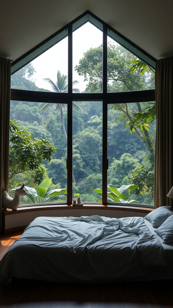 A bedroom featuring large windows overlooking a lush jungle landscape, with a cozy bed and soft bedding.