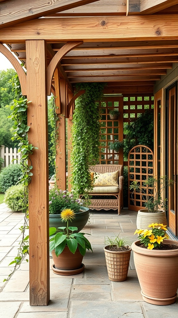 A beautiful farmhouse patio featuring wooden lattice with climbing plants, potted flowers, and a cozy seating area.