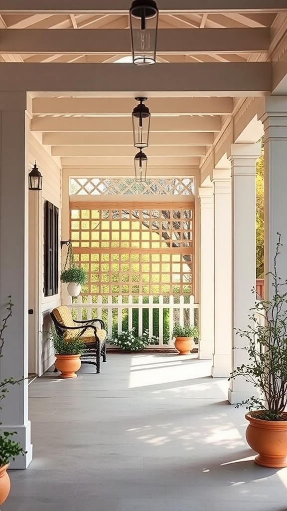 A peaceful farmhouse back porch with lattice work for privacy, featuring potted plants and comfortable seating.