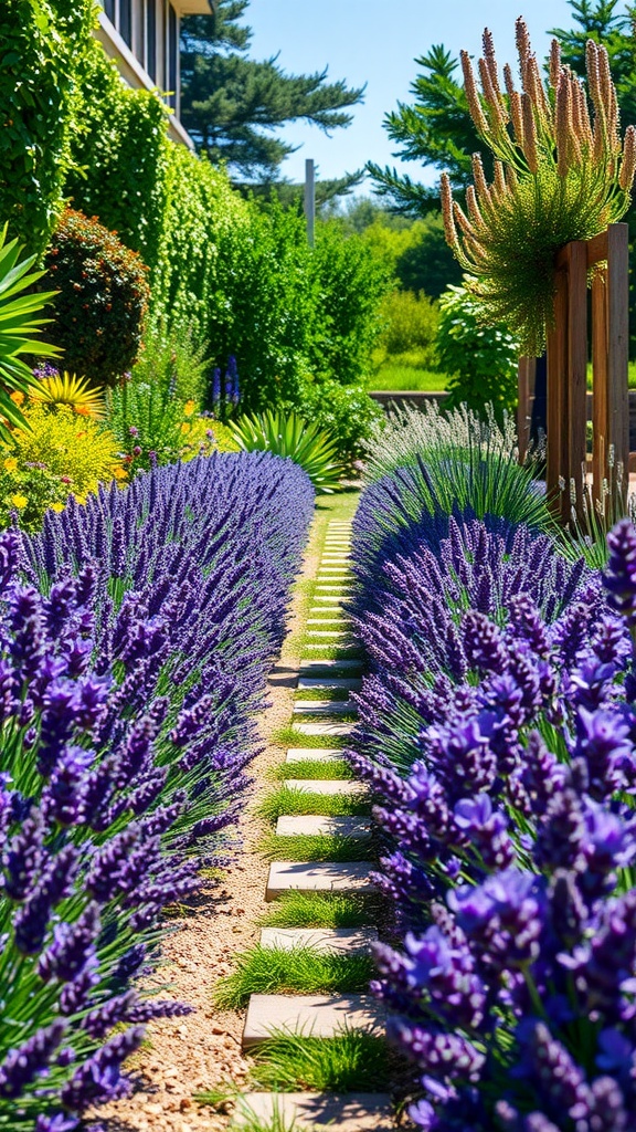 A beautiful pathway lined with lavender and aromatic herbs, featuring stone stepping stones.