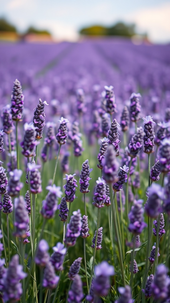 A vibrant lavender field in full bloom, showcasing rows of purple flowers under a clear sky.