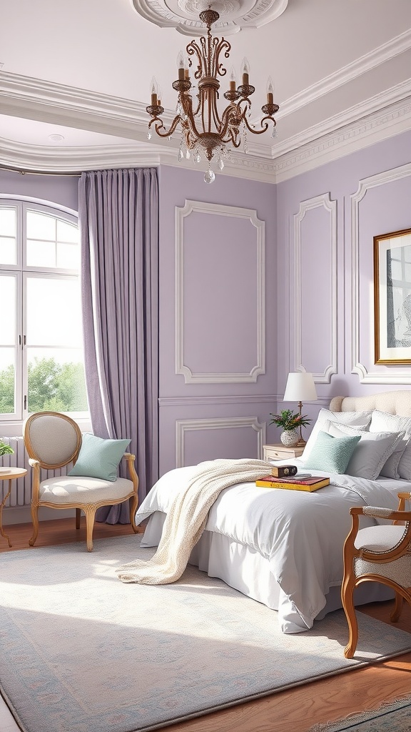 A beautifully designed bedroom featuring lavender gray walls, elegant chandelier, and cozy furniture.