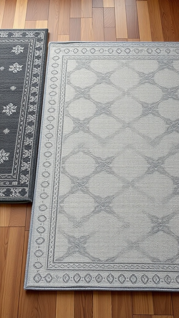 Two layered area rugs in a cozy bedroom setting, one dark with floral designs and one light with geometric patterns.